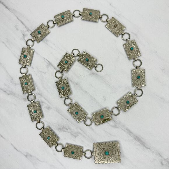 Vintage Accessories - Vintage Faux Turquoise Stamped Concho Chain Belt Silver Tone XS/Small (XS/S) ✨